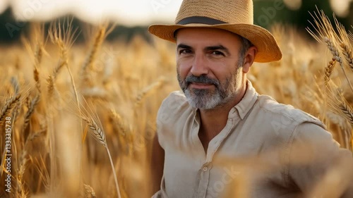 Man with beard and straw hat smiles in golden field of wheat during sunset near a serene landscape