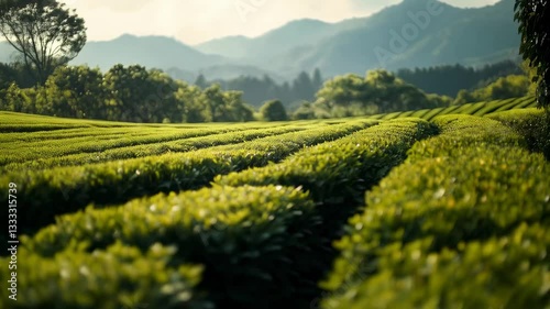 Lush green tea fields stretch across rolling hills at sunset in a serene mountainous landscape