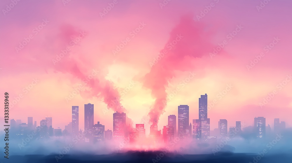 Fototapeta premium Urban smoke pollution cityscape digital art eco environment skyline viewpoint nature awareness
