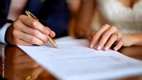 Couple signing marriage certificate at elegant wedding ceremony indoors