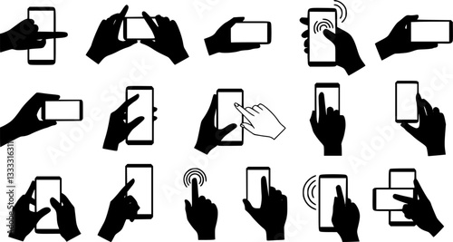 Set silhouette hand holding mobile phone horizontally and vertically illustration vector isolated. Females and males palm is touching smartphone display shadow style. 