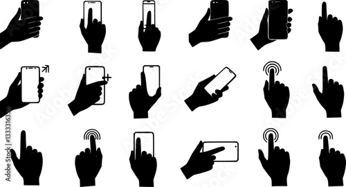 Set silhouette hand holding mobile phone horizontally and vertically illustration vector isolated. Females and males palm is touching smartphone display shadow style. 