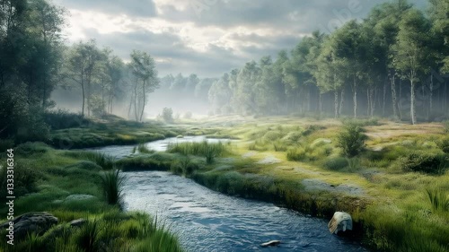 Lush green landscape with a winding river flowing through misty forest in the early morning light