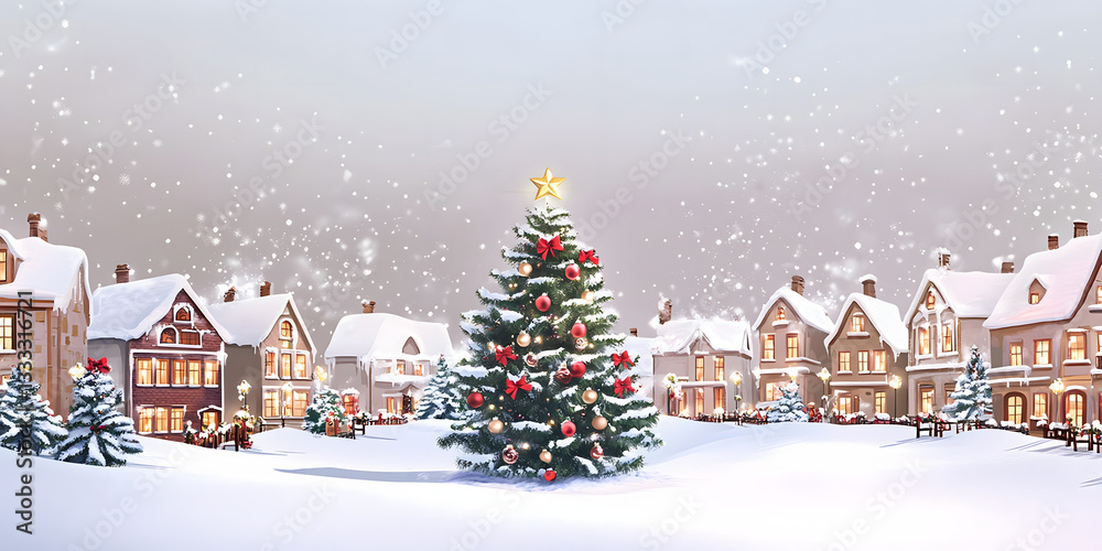 Obraz premium christmas, tree, holiday, decoration, gift, christmas tree, xmas, celebration, star, winter, fir, snow, present, new year, year, ball, new, vector, box, illustration, season, ornament, green, merry, d