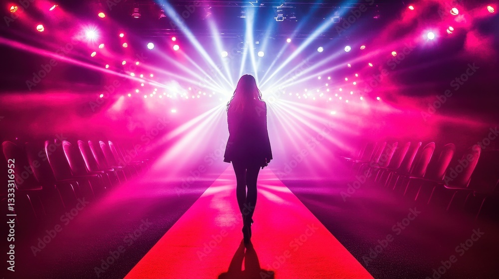 Model walks the runway in bright lights at a fashion show event. Can be used for fashion, entertainment, luxury, and more. Model walks the runway in bright lights at a fashion show event. Can be used for fashion, entertainment, luxury, and more.