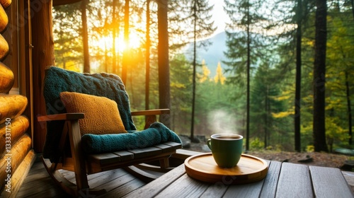Cozy rocking chair on porch with coffee, sunrise view, log cabin