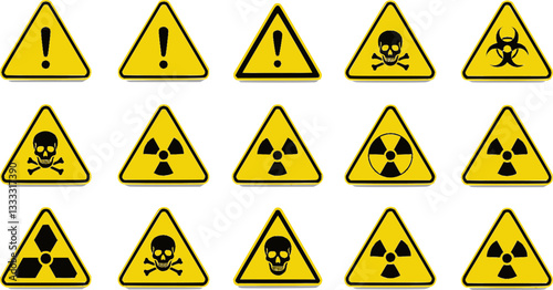 Set of warning signs with a skull, biohazard, radioactive and fallout symbols in yellow triangle sign vector illustration
