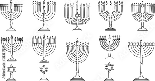 Set outline style Jewish big menorah candelabrum vector illustration
