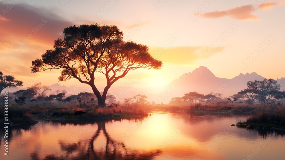 Sunset serenity over a tranquil lake nature’s beauty eco environment landscape view Sunset serenity over a tranquil lake nature’s beauty eco environment landscape view