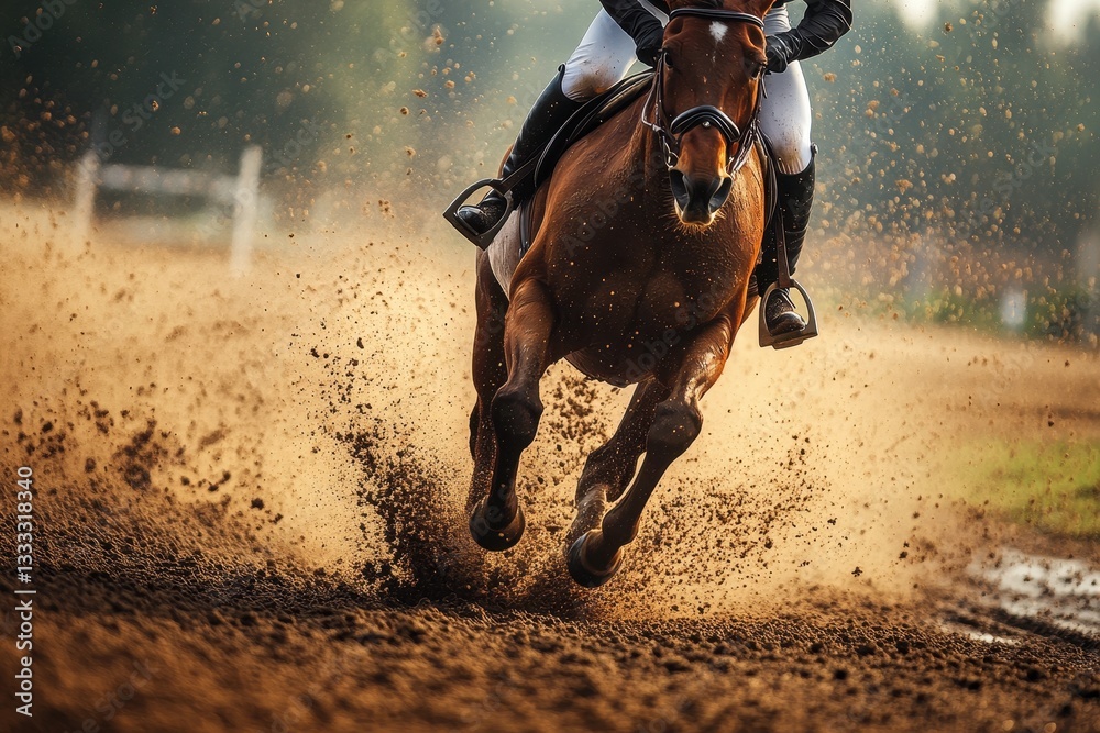 Obraz premium A brown horse gallops, rider on its back, dirt spraying up behind them. Illustrates power, speed, and partnership of equine sport imagery.