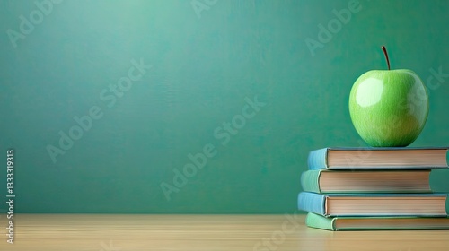 Green apple on books, classroom background, education concept, website banner