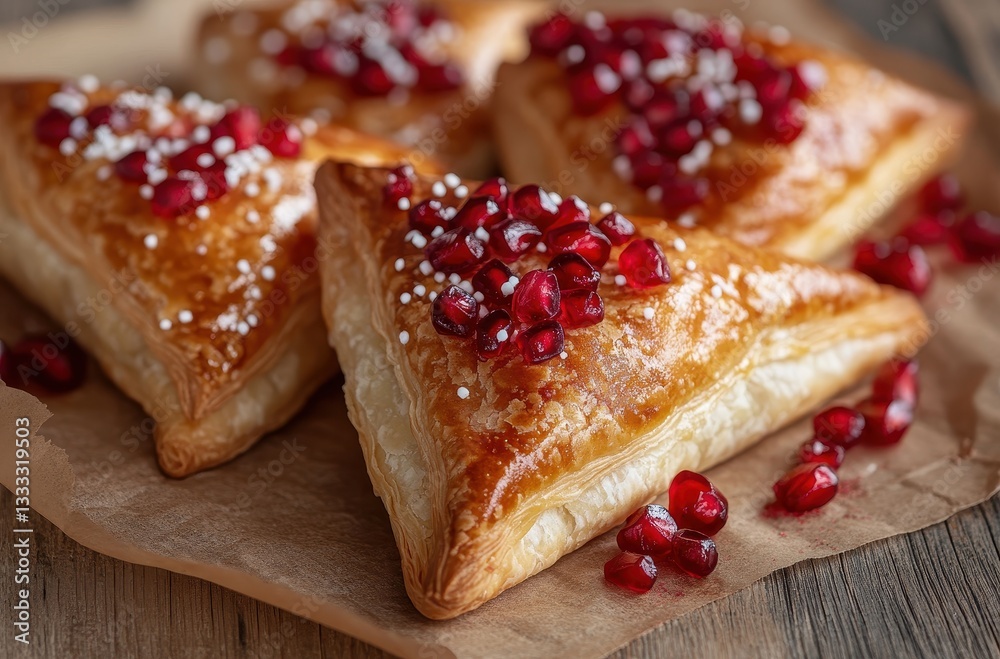 Flaky Puff Pastries Topped with Juicy Pomegranate Seeds on a Rustic Wooden Table with Light Reflections Flaky Puff Pastries Topped with Juicy Pomegranate Seeds on a Rustic Wooden Table with Light Reflections