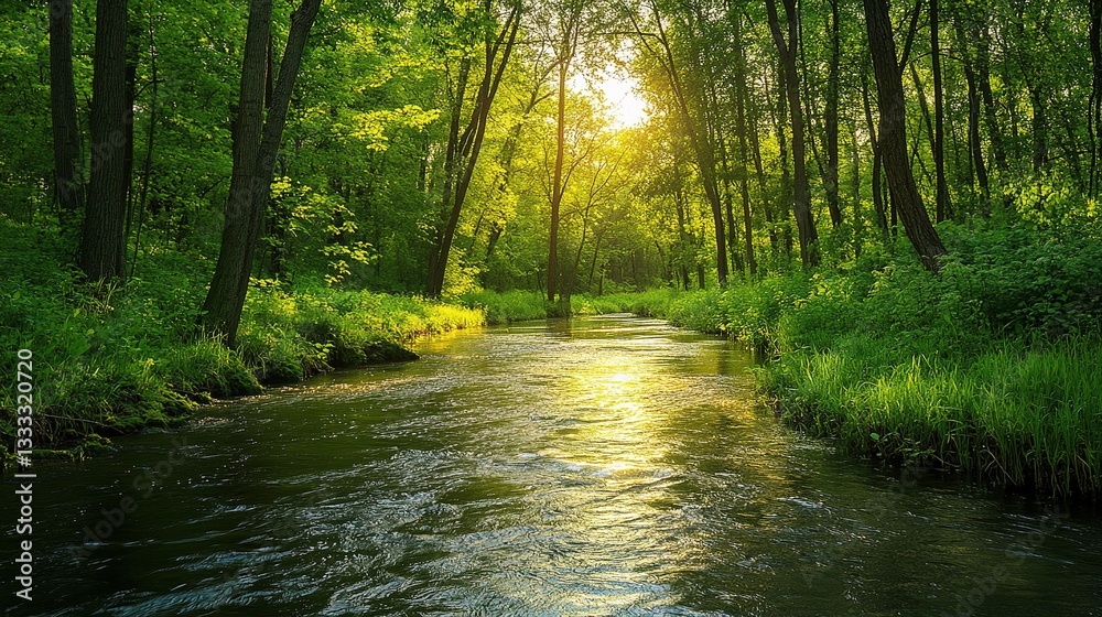 Obraz premium Tranquil River Flowing Through Lush Green Spring Forest Scene