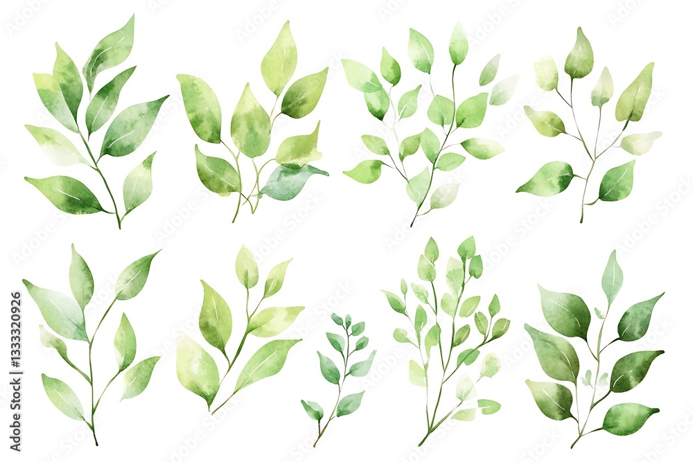 Green leaves collection isolated white background, hand painted foliage set floral design, nature watercolor botanical Green leaves collection isolated white background, hand painted foliage set floral design, nature watercolor botanical