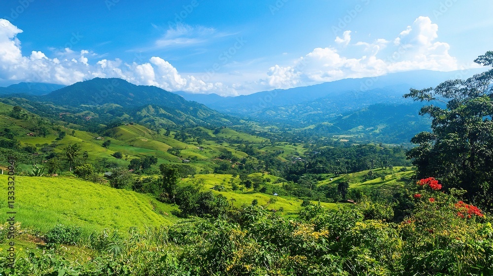Fototapeta premium Vast Lush Green Valley Under Clear Blue Sky with Gentle Mountains