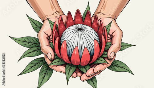 Artistic hands holding a stylized flower with a ball in the center, featuring vibrant colors
