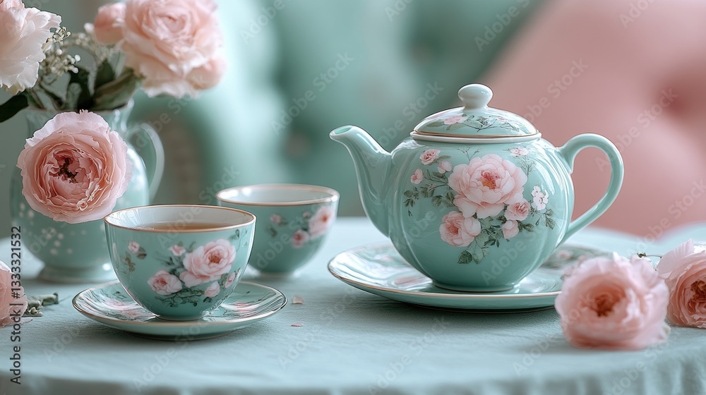 Fototapeta premium Elegant tea set with roses