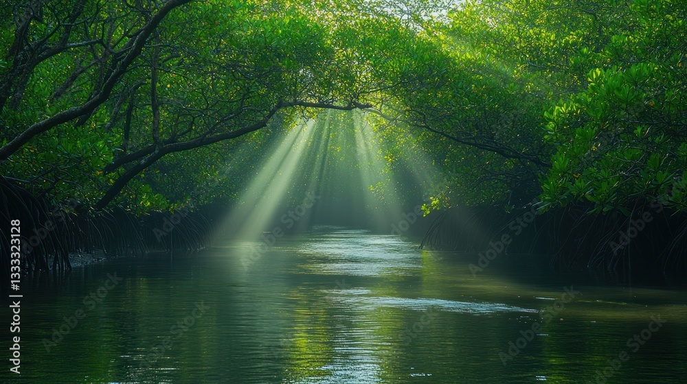 Sunbeams through mangrove forest canal, tranquil scene, nature background, travel Sunbeams through mangrove forest canal, tranquil scene, nature background, travel