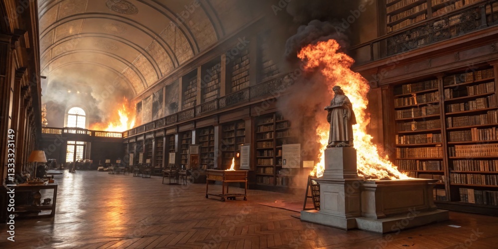 Library in flames as fire engulfs shelves, causing destruction and chaos in a historic building