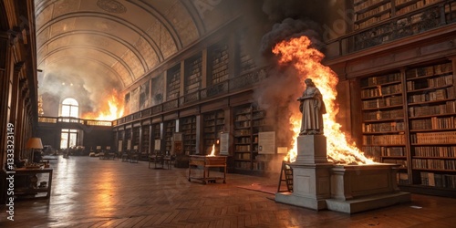Obraz na płótnie Library in flames as fire engulfs shelves, causing destruction and chaos in a historic building w salonie