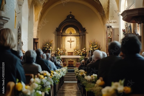 People attend a wedding or funeral ceremony in church. It can be used to illustrate faith, tradition, or remembrance.