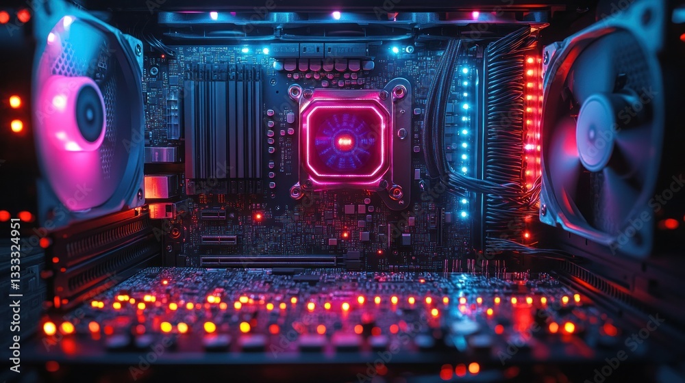Colorful PC Motherboard with CPU Cooler in Open Case Colorful PC Motherboard with CPU Cooler in Open Case