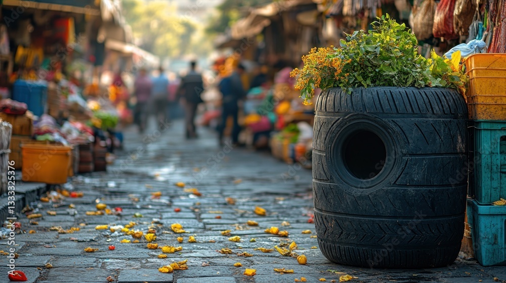 Fototapeta premium Recycled tire planter in bustling Indian market street