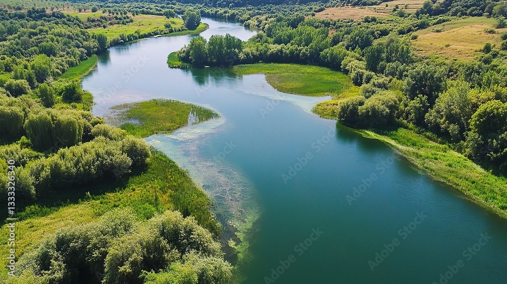 Fototapeta premium Serene River Flowing Through Lush Green Forest Landscape