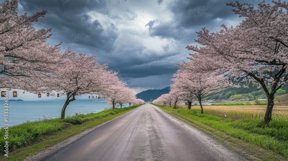 Fototapeta premium A long road is flanked by blooming trees under a cloudy sky