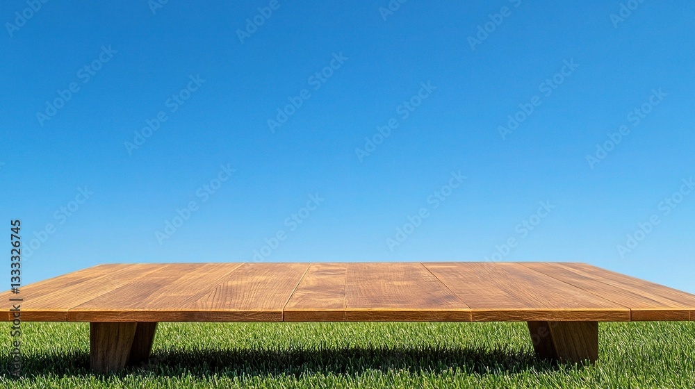 Fototapeta premium Vibrant Green Grass Under a Clear Blue Sky with Wooden Platform