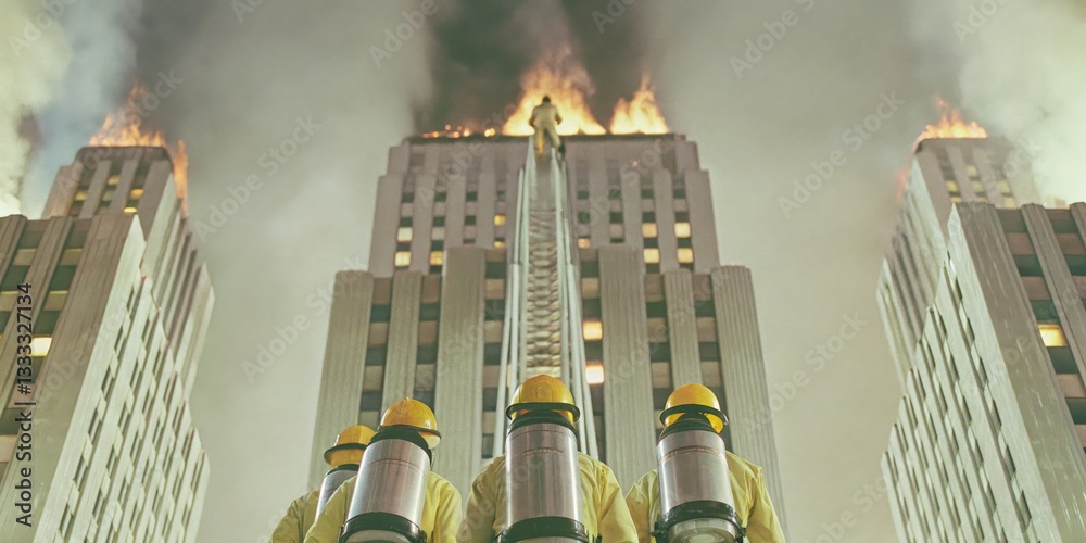 Firefighters respond to a high-rise blaze in a city during nighttime amid flames and smoke