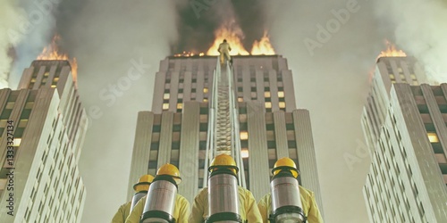Obraz na płótnie Firefighters respond to a high-rise blaze in a city during nighttime amid flames and smoke w salonie
