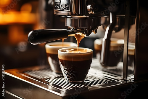 A steaming cup of coffee on a white saucer with scattered coffee beans around it.

