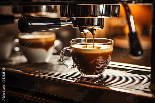 A steaming cup of coffee on a white saucer with scattered coffee beans around it.
