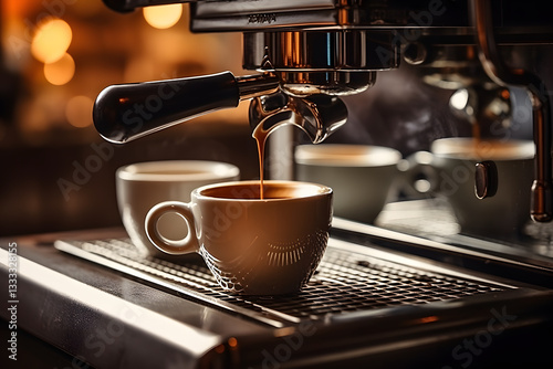 A steaming cup of coffee on a white saucer with scattered coffee beans around it.

