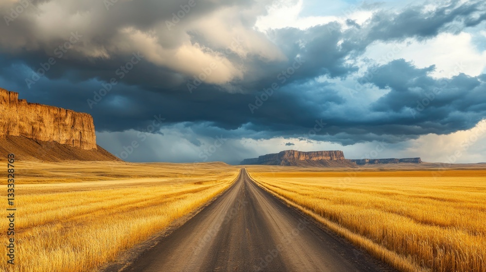 A long road leads to the distant mountains under dark clouds A long road leads to the distant mountains under dark clouds