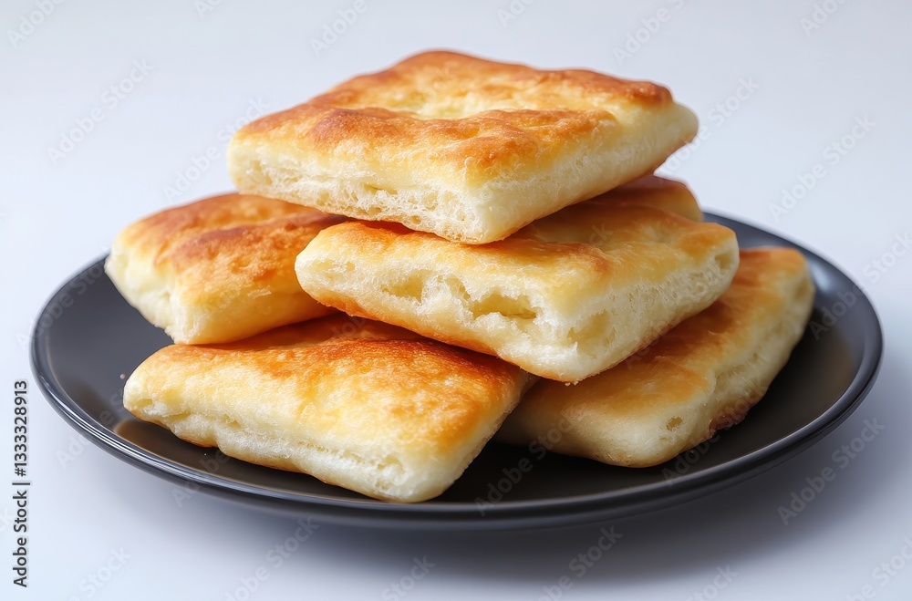 Freshly Baked Fluffy Bread Squares Stacked Neatly on a Black Plate Ready to be Served as a Delicious Snack or Side Dish in a Bright Kitchen Setting Freshly Baked Fluffy Bread Squares Stacked Neatly on a Black Plate Ready to be Served as a Delicious Snack or Side Dish in a Bright Kitchen Setting