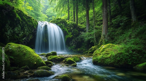Serene Waterfall Cascading Over Mossy Rocks in Lush Green Forest