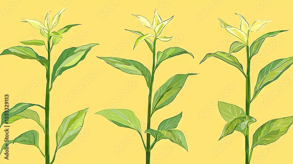 Fototapeta premium Three flowering plants, yellow background, growth, botanical illustration, design element