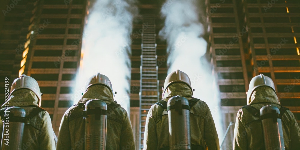 Firefighters prepare for a challenging operation in a warehouse during a training exercise in the late evening