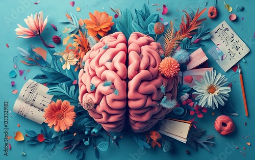 A captivating illustration of a brain surrounded by vibrant creative elements such as books photo