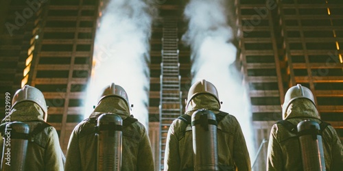Obraz na płótnie Firefighters prepare for a challenging operation in a warehouse during a training exercise in the late evening w salonie