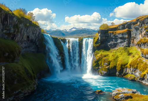 Waterfall Surrounded by Rugged Cliffs and Verdant Scenery