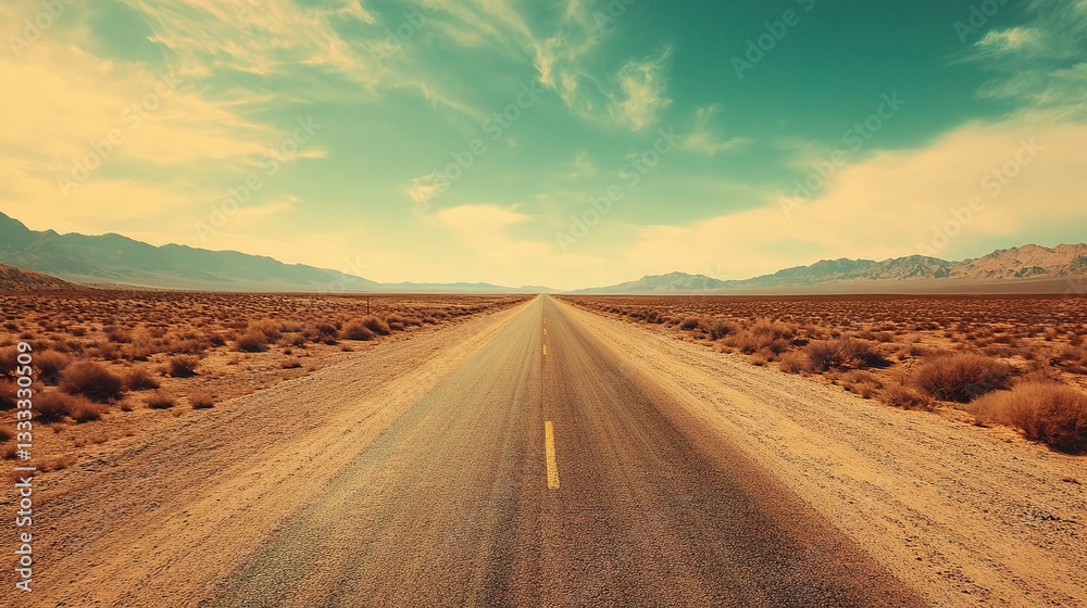 Fototapeta premium Cinematic Desert Road Leading into the Horizon under Blue Sky