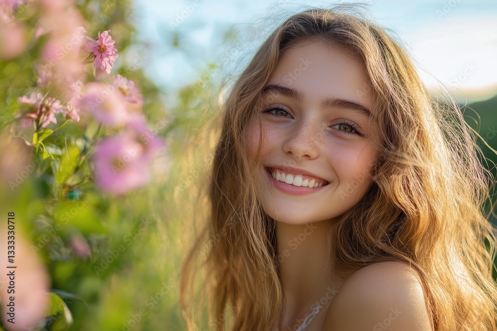 Smiling teen girl poses outside near blooming pink roses. Use this image for beauty, skincare, or wellness concepts. Smiling teen girl poses outside near blooming pink roses. Use this image for beauty, skincare, or wellness concepts.