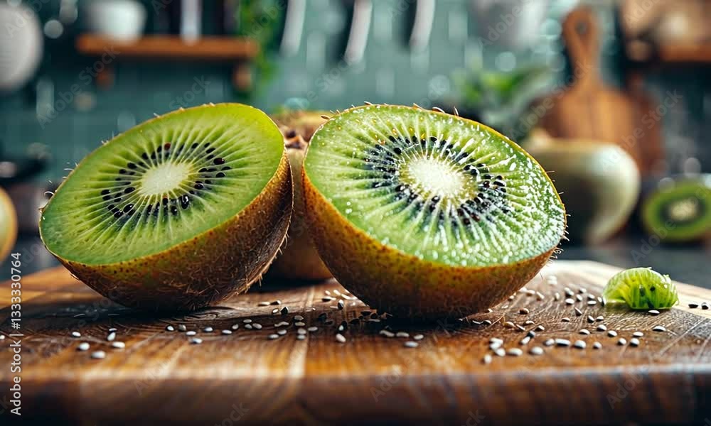Freshly cut kiwi halves on a wooden board in a cozy kitchen with green decor and utensils