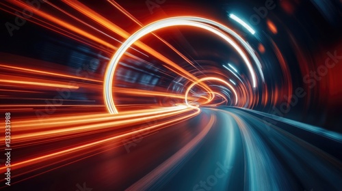 Dynamic Motion Blur of Light Trails in Tunnel with Vibrant Colors and Futuristic Feel