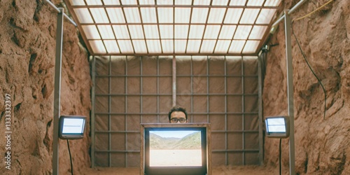 Contemporary art installation featuring multiple screens in a rustic cave-like environment with a person engaged with the display