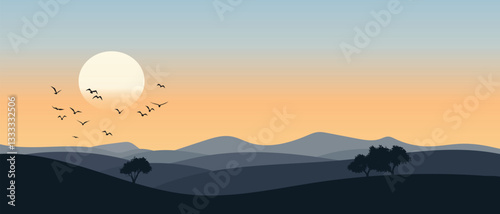 Minimalistic mountain landscape, morning light and sun, vector illustration, panoramic view