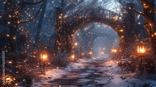 A snow covered pathway illuminated with glowing decorative lights